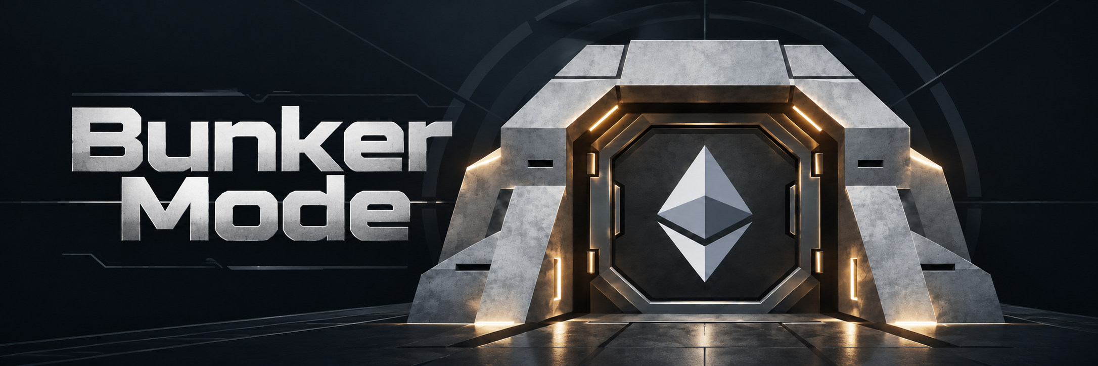 Wide dark bunker scene with the Bunker Mode title beside the amber-lit Ethereum vault.